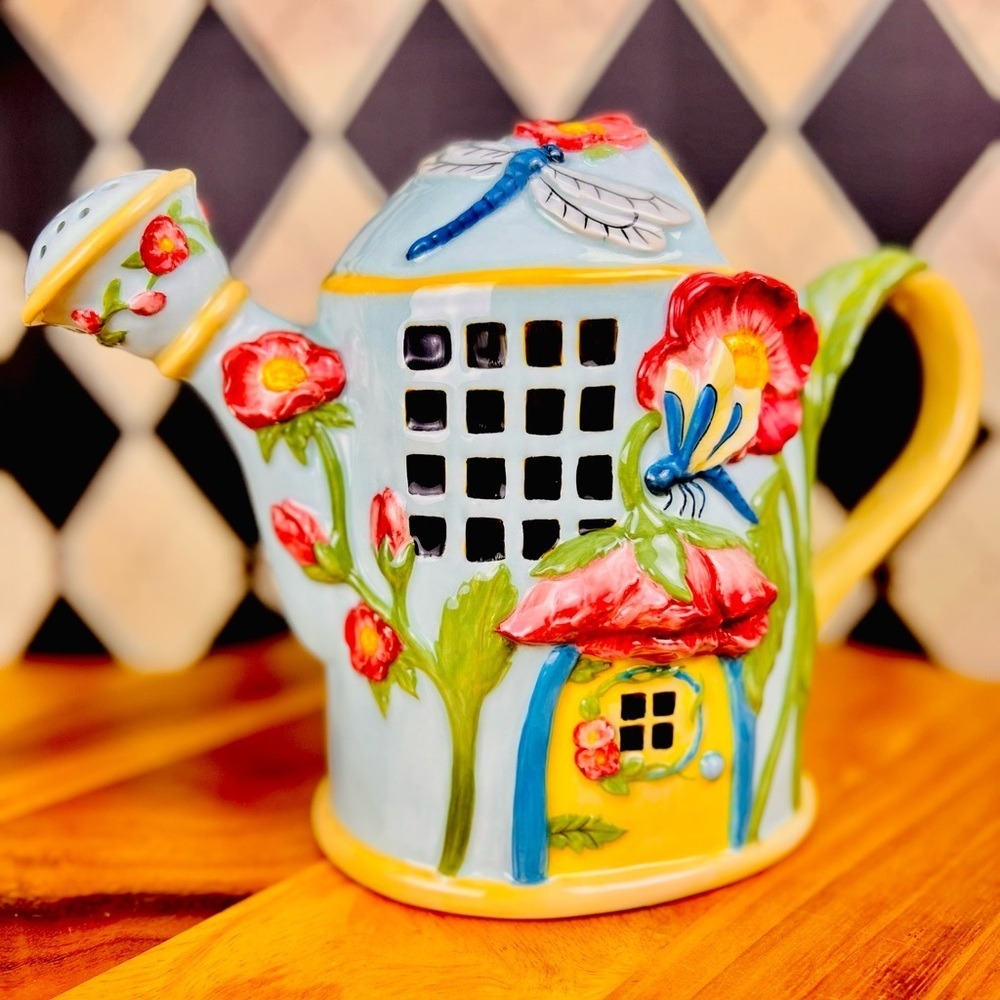 Cottage Ceramic Watering Can Whimsical Floral Butterfly Garden Decor - Picture 10 of 10